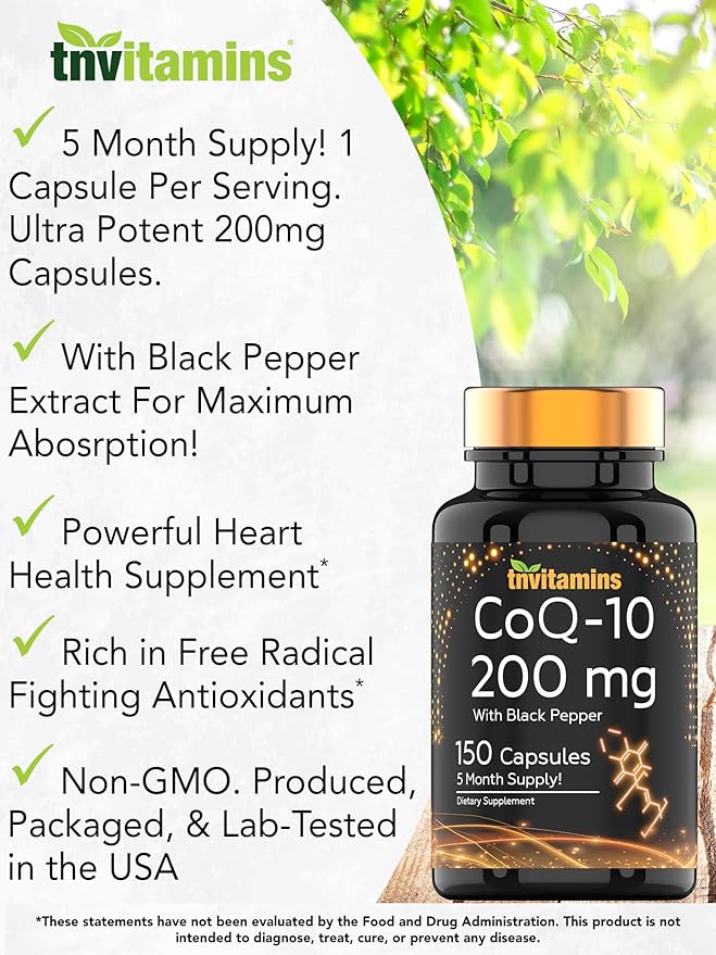 tnvitamins CoQ-10 200mg - 150 Capsules with Black Pepper Extract | 5 Month Supply! | Powerful Free Radical Fighting Antioxidant | Max Absorption Rapid Release Capsules | Coenzyme Q-10 200 mg