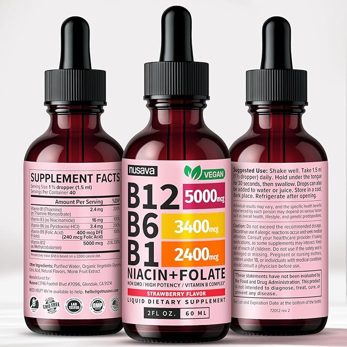 (2 Pack) Vitamin B12 and B6 Liquid Drops B12 Sublingual Vitamin B Complex - B 12 Vitamin 5000mcg - B12 Methylcobalamin for Energy Brain and Heart Support with 27200 mcg Strawberry 80 Servings