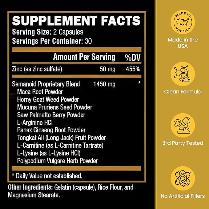 SEMANOID (60 Caps) Maximum Fertility Formula and Semen Volumizer - Advanced Fertility Ingredients and Male Prenatal Vitamin Blend 1 Month Supply