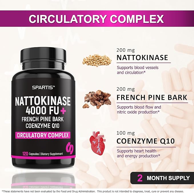 SPARTIS Nattokinase Supplement 4000 FU CoQ10 100mg French Maritime Pine Bark Extract 200mg with Enzymes for Circulatory &amp Cardiovascular Support (Pack of 1 at 120-Caps)