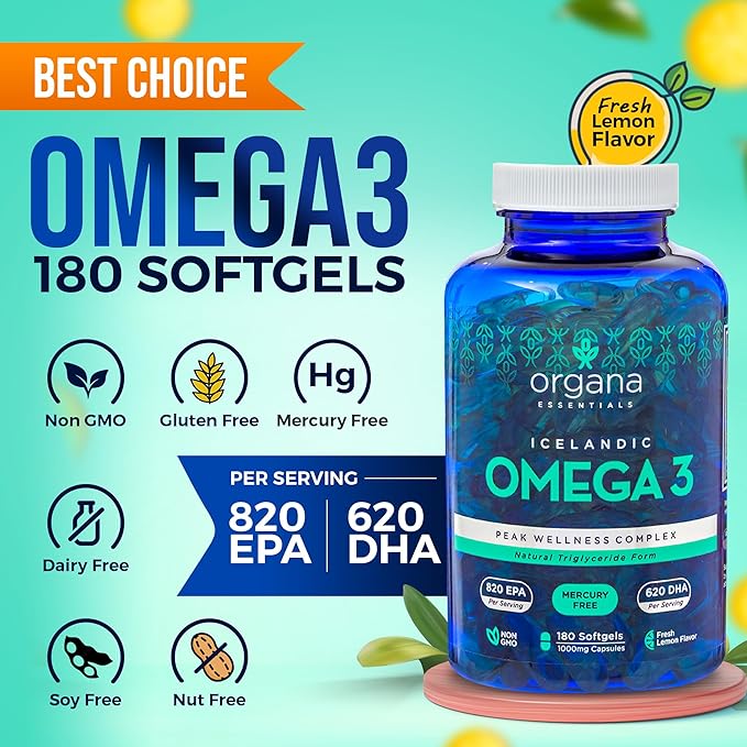 Omega 3 Fish Oil 2000 mg - High EPA 820 mg + DHA 620 mg - 180 Triple Strength Burpless Lemon Flavored Softgels
