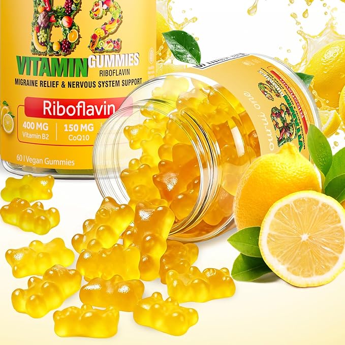 Vitamin B2 Gummies 400mg | Riboflavin 400mg with CoQ10 150mg Magnesium 200mg | B2 Vitamin 400mg for Kids &amp Adults Nervous System &amp Skin Health | 60 Vegan Chewables | Lemon（Pack 2