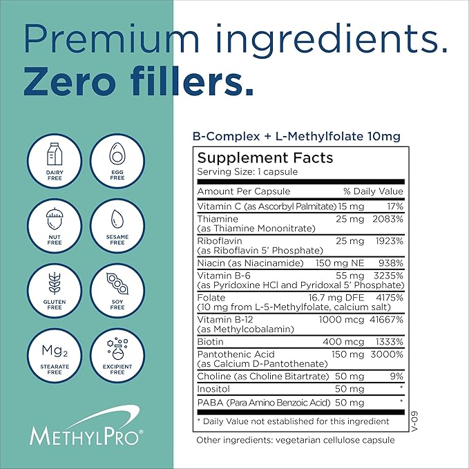 MethylPro B Complex + L-Methylfolate 10 mg - Bioavailable Methylated Vitamin Blend - Supports Energy and Stress - Vegetarian &amp Hypoallergenic - 30 Servings - 30 Capsules