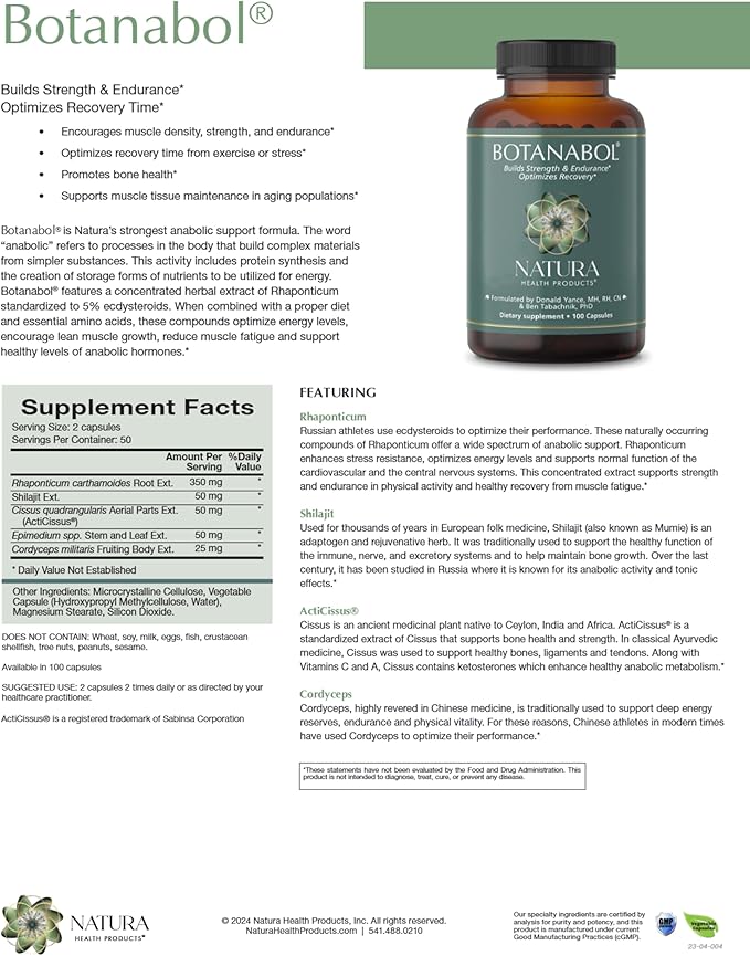 Natura Health Products Botanabol Supplement - Builds Strength &amp Endurance and Optimizes Recovery Time - Featuring Rhaponticum Shilajit Cordyceps Cissus Quadrangularis (100 Capsules)