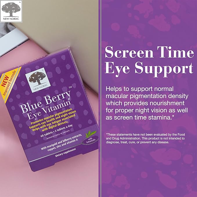NEW NORDIC Blue Berry Eye Vitamin Lutein Supplement with Zinc Supports Macular Pigmentation Eye &amp Vision Function 60 Tablets (Pack of 1)