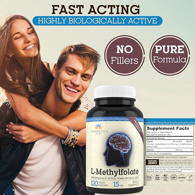 Teraputics L-Methylfolate 15mg | 120 Vegan Capsules | Premium | 5-MTHF Active Methyl Folate Supplement for Mood Homocysteine Methylation – Non-GMO Gluten-Free No Fillers - Folic Acid Brain Support