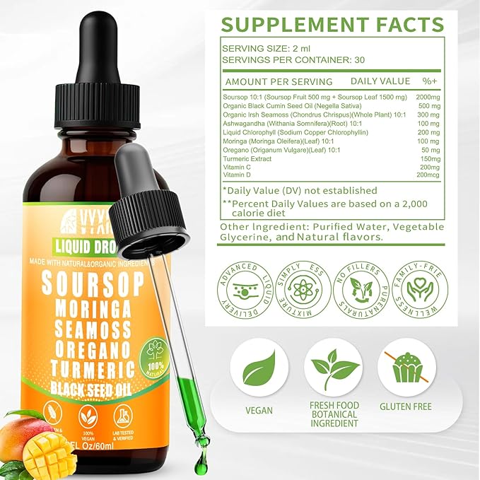 Soursop Bitters Liquid Drops 10 in 1 with Sea Moss Ashwagandha | Original &amp Tropical Mango Flavor Combo | 2-Pack (2 Fl Oz Each) | Herbal Extracts for Overall Health | Vegan Non-GMO Gluten-Free