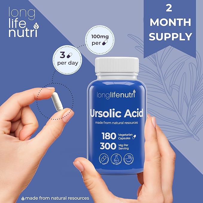LongLifeNutri Ursolic Acid 300mg - Sourced from Rosemary Leaf Extract 180 Vegetarian Capsules Organic Supplement for Muscle Growth &amp Recovery 2-Month Supply Lab Tested GMP Certified Made in