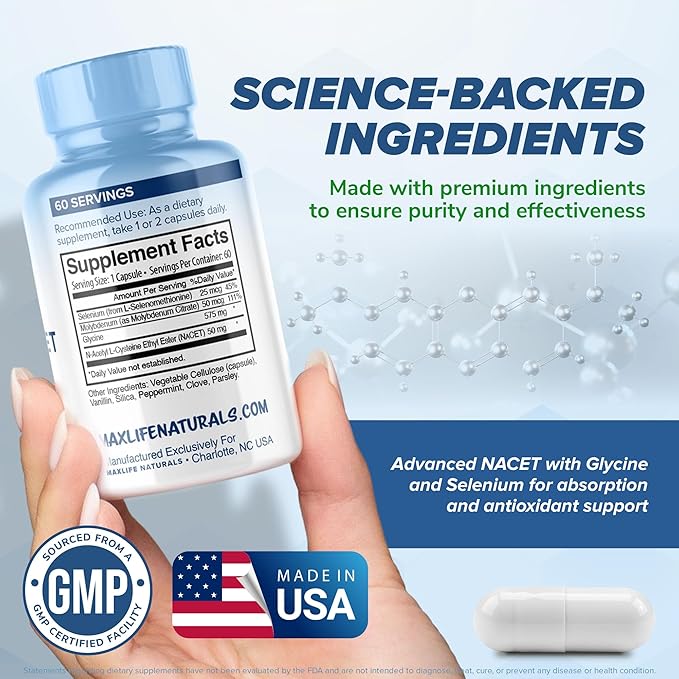 MaxLife Naturals Neuro NACET N-Acetyl L-Cysteine – 60 Capsules 20x More Bioavailable Glycine NAC Supplement N-Acetyl Cysteine Ethyl Ester with Selenium 10x Glutathione Boost for Brain &amp Lung Sup