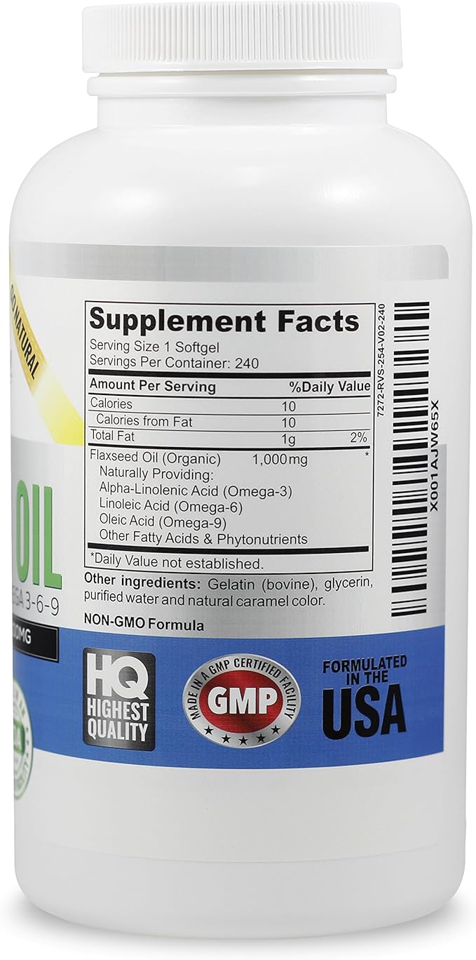 Upsize Best Organic Flaxseed Oil Softgels - 1000mg Premium Virgin Cold Pressed from Flax Seeds - Hair Skin &amp Nails Support - Omega 3-6-9 Supplement - 240 Count - More Than 8 Month Supply!