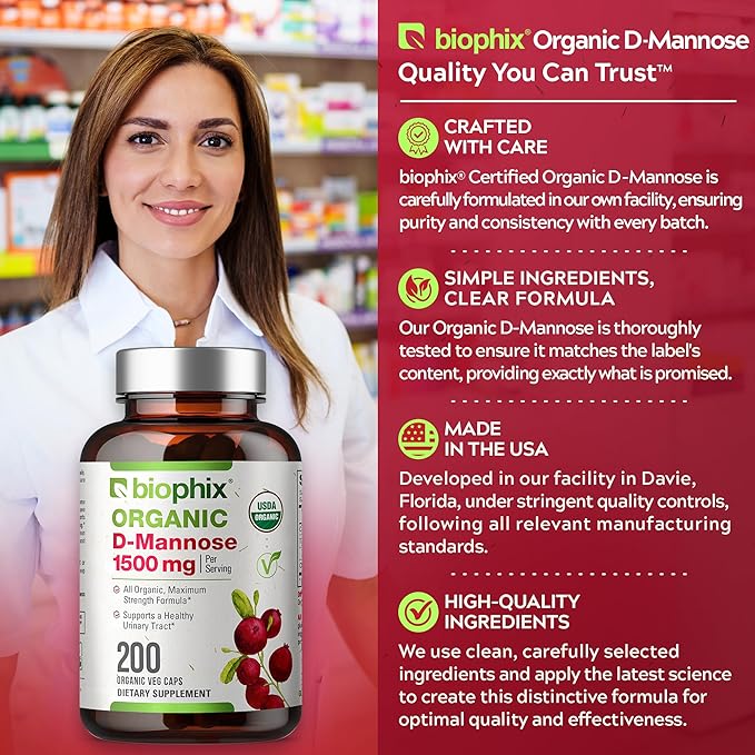 biophix D-Mannose USDA Organic 1500 mg 200 Veggie Caps - Supports a Healthy Bladder Urinary Tract Non-GMO Vegan-Friendly