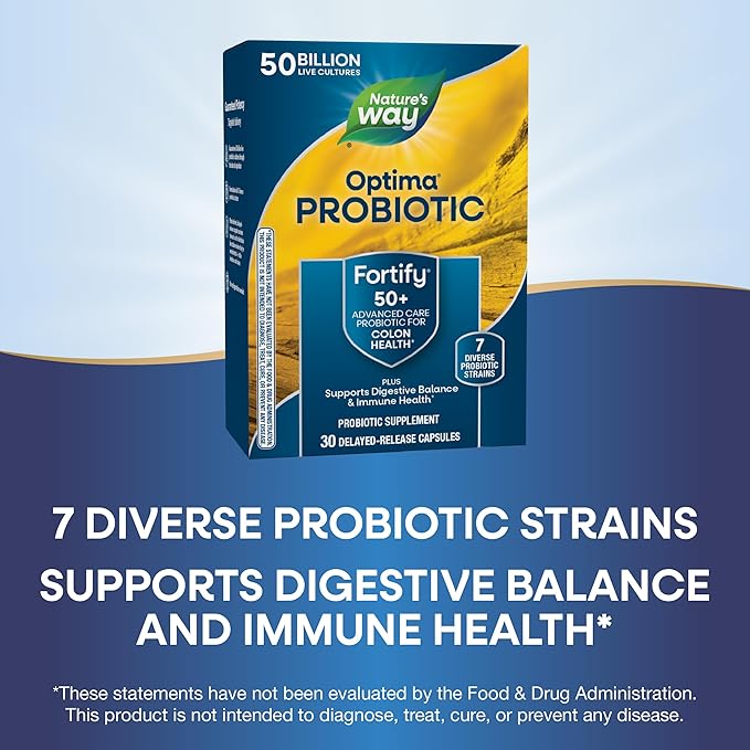 Nature's Way Fortify Optima Probiotic for Adults 50+ 50 Billion Live Cultures Supports Digestive Balance Colon &amp Immune Health* No Refrigeration Needed 30 Capsules (Packaging May Vary)