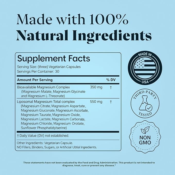 Magnesium Glycinate Complex Supplement 900mg – 13-in-1 Magnesium L-Threonate Citrate Taurate &amp Malate for Women &amp Men – Liposomal Chelated Formula – Sleep Muscle &amp Brain Support – 90 C