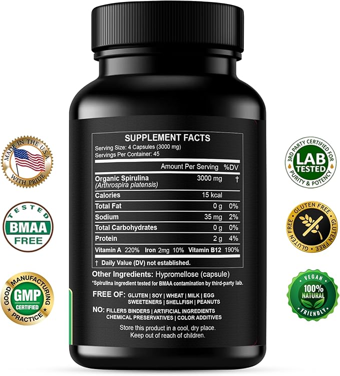 Spirulina Powder Capsules 3000 mg - Purest Non-Irradiated Blue Green Algae - Best Raw Vegan Protein - Green Superfood - Natural Multivitamins – 180 Pills Made in The USA