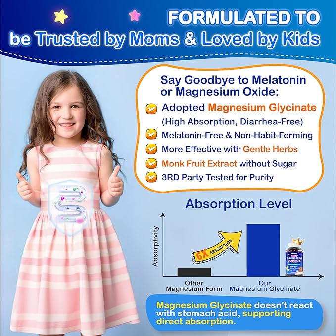 Kids Magnesium Glycinate Gummies - Magnesium Glycinate Supplement 200mg with L-theanine Omega-3 Calcium Vitamin D3 &amp B12 for Kids Natural Zzz at Bedtime &amp Overall Health - Sugar Free &amp Non