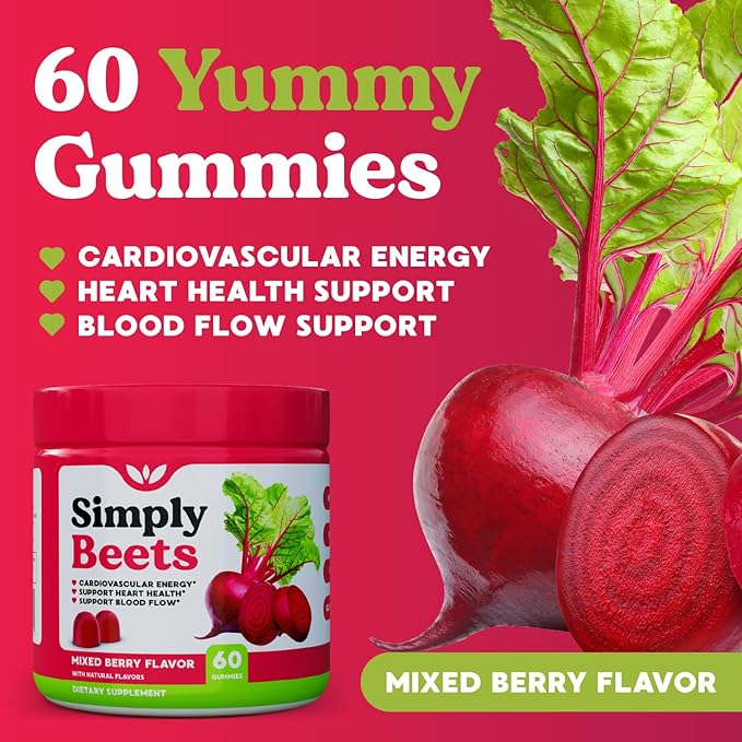 Beet Gummies with CoQ10-Nitric Oxide &amp Energy Support-Non-GMO Beetroot Powder &amp Grape Seed Extract- Natural Mixed Berry Flavor-60 Count