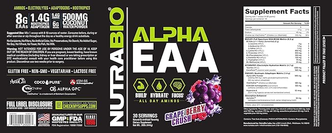 NutraBio Alpha EAA - All-Day Amino Acids for Muscle Growth and Hydration - Essential Amino Acids with Nootropics &amp Adaptogens- Full Spectrum EAA BCAA Powder - 30 Servings - Grape Berry Crush