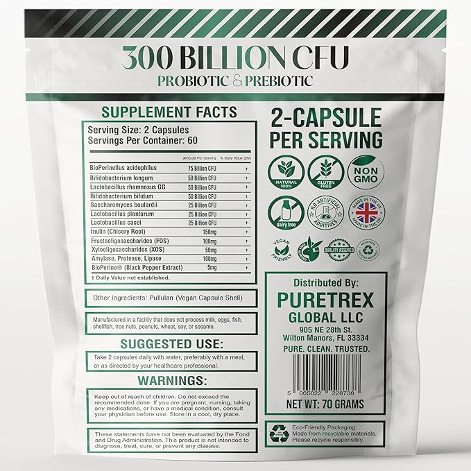 300 Billion CFU Probiotic &amp Prebiotic Supplement Multi-Strain Synbiotic Ultra Formula 120 Vegan Capsules with Digestive Enzymes and Black Pepper Extract