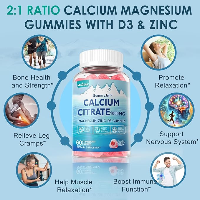 Calcium Citrate Vitamin D3 1000IU Gummies for Women &amp Men Sugar Free Bone Health Complex with Calcium Magnesium Zinc Potassium &amp B6 High Absorption Teeth Leg Cramp &amp Nerve Health Ve