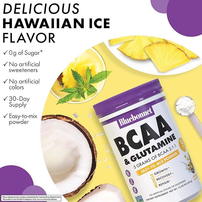 BlueBonnet Nutrition 5g BCAA 2:1:1 &amp 1000 mg Glutamine Powder – for Muscle Recovery &amp Hydration - Sugar Free Non-GMO Project Verified– Hawaiian Ice Flavor – 30 Servings
