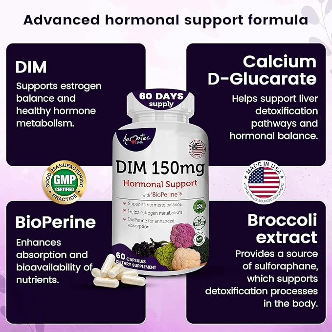 Women’s DIM Complex 150mg - Bioperine Estrogen Balancing Pills for Menopause &amp Hot Flashes Relief Support Hormonal Acne Powerful Supplement - 60 Capsules - Made in USA
