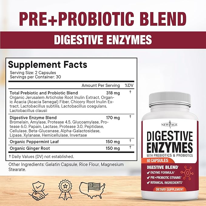 NEW AGE Digestive Enzymes for Gut Health - Probiotic Multi Enzymes with Prebiotics and Probiotics with Lipase for Women and Men for Digestive Health Daily Enzymes for Digestion - 60 Count