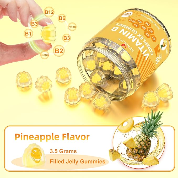 2 Pack Vitamin B Complex Gummies for Women Pineapple Flavor Daily Vitamin C B1B2B3B5B6B7B9B12 Biotin Folate Supports Energy Mood Immune System Sugar-Free Vegan Work Adults(120Count)