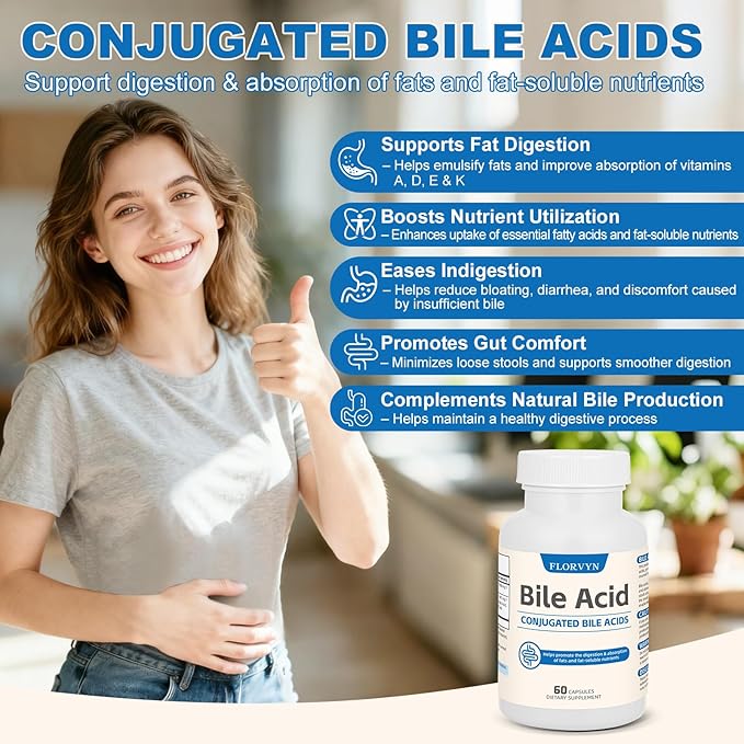 Conjugated Bile Acid Supplement 1000mg – Supports Fat Digestion &amp Absorption of Fats &amp Fat-Soluble Nutrients Gut Comfort &amp Nutrient Utilization 60 Capsules 30 Day Supply