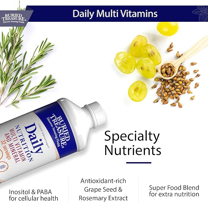 Buried Treasure Daily Nutrition Liquid Multivitamin and Mineral Supplement with Trace Minerals Superfoods Vitamin A B-Complex C D E Methylfolate Biotin Magnesium Zinc Resveratrol 32 serv