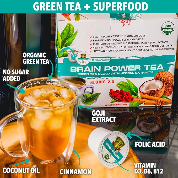 SOLLO Brain Power Organic Green Tea Pods with MCT Acai &amp Essential nutrition Nootropic Brain Booster- Improves Memory &amp Focus Compatible with 2.0 K-Cup Keurig Brewers 24 Ct