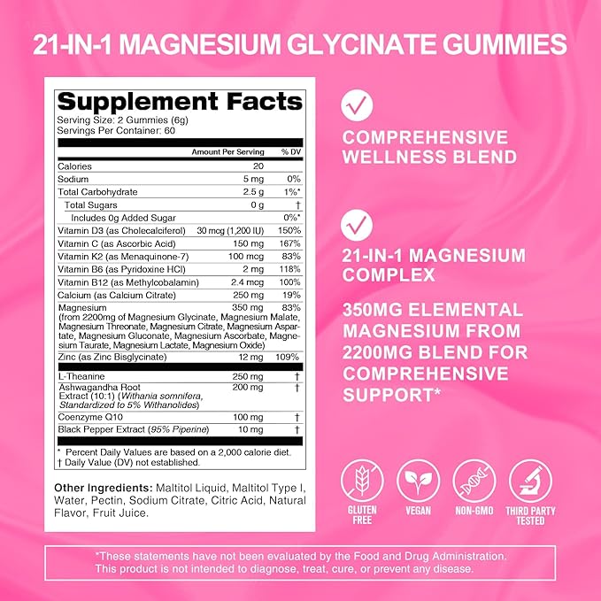 Magnesium Glycinate Gummies 21 in 1 2200MG Magnesium Complex with Glycinate Malate &amp Vitamin B12 High Absorption&ampAdvanced SupplementThird-Party Tested120 Gummies