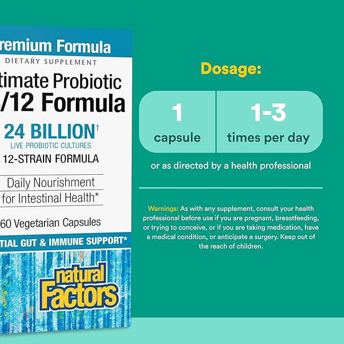 Natural Factors Ultimate Probiotic 24/12 Formula - Digestive Health Support Supplement with Probiotics - Immunity &amp Gut Health Support Supplement - 60 Vegetarian Capsules (60 Servings)