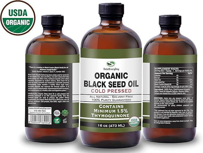 HalalEveryDay Organic Black Seed Oil - USDA Certified Cold Pressed Glass Bottle Over 1.5% 3X Thymoquinone Turkish Black Cumin Nigella Sativa Non-GMO 100% Pure Blackseed Oil (16oz Glass)