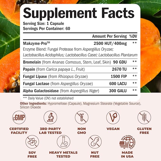 Digestive Enzymes - Probiotic Multi Enzyme (Enzimas Digestivas) - Digestive Supplements with Unique Makzyme-Pro Formula - Advanced Enzymes for Digestion Bowel Movements &amp Nutrient Absorption. 60