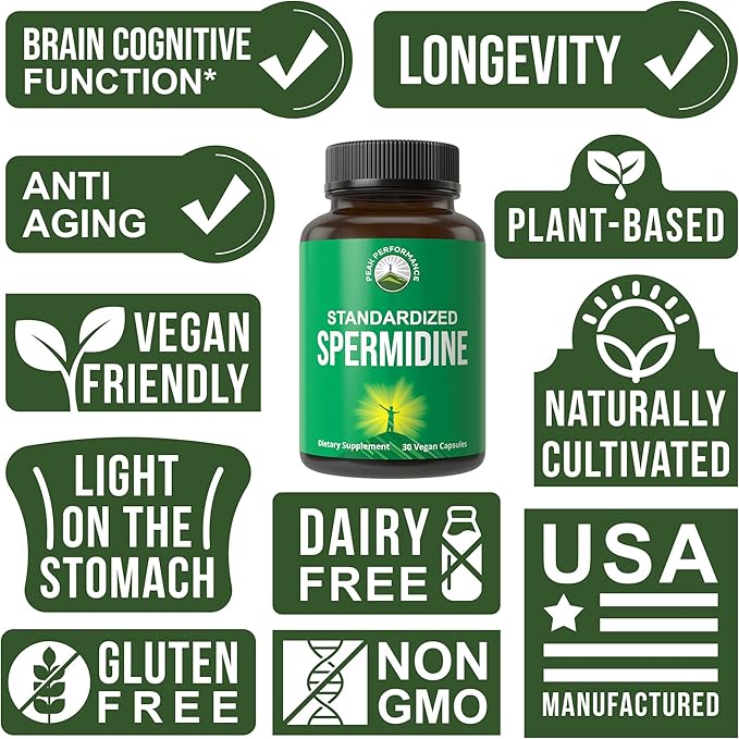 Spermidine Supplement Ultra High Strength Standardized to 99% Spermidine Trihydrochloride. More Potent Than Wheat Germ Extract. Vegan Capsules for Healthy Aging Longevity. USA Tested Supplements