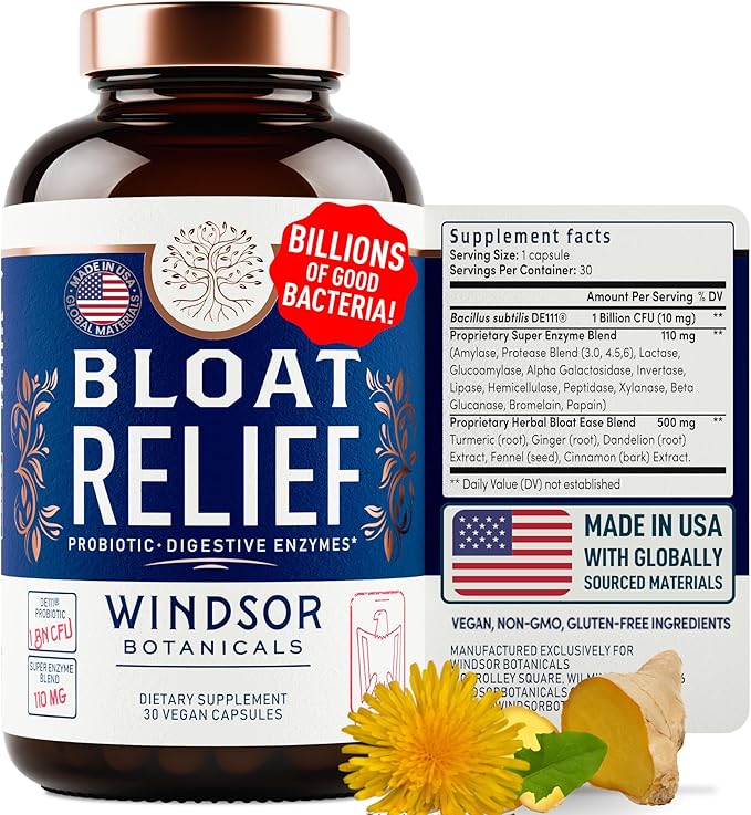 Bloat Relief Probiotic and Digestive Enzymes - Anti Bloating Turmeric Fennel Bromelain IBS Supplement - Detox Debloat Capsules Gas - Bloating Relief for Women and Men - 30 Gut Health Pills