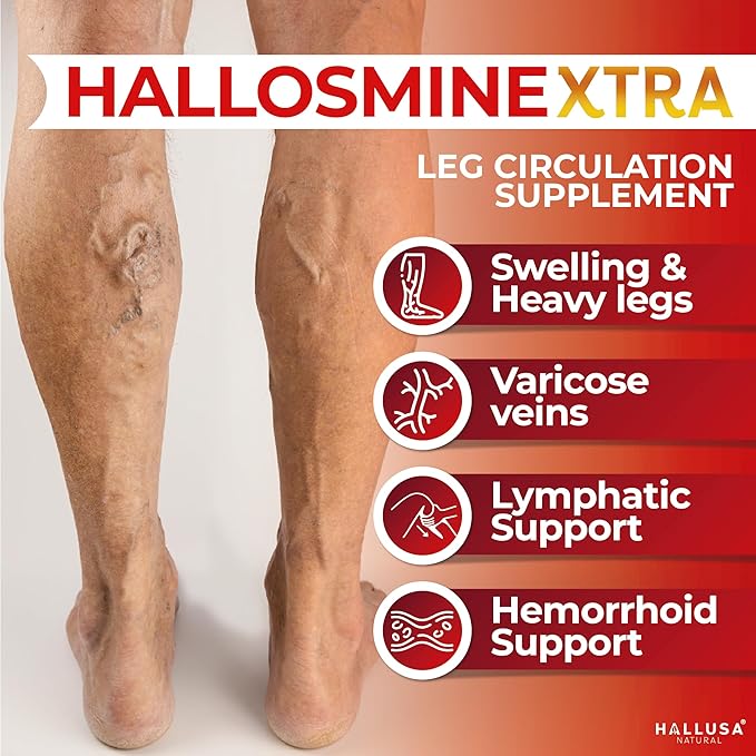 Hallosmine Xtra - Circulation &amp Vein Support Diosmin Horse Chesnut &amp Hesperidin 850mg + FREE Leg Cream | Leg Circulation Varicose Veins Spider Veins Hemorrhoids Blood Flow | 60 capsules