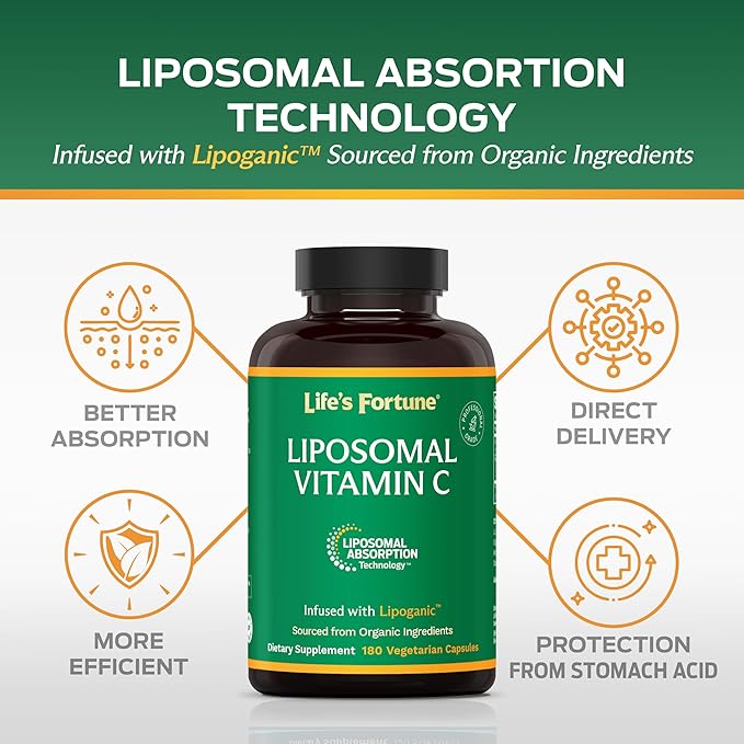 Life's Fortune Liposomal Vitamin C 2100 mg Fast Acting Absorption Higher Bioavailability Supporting Immune System High Antioxidant Supplement Formula – Collagen Booster – 180 Capsules