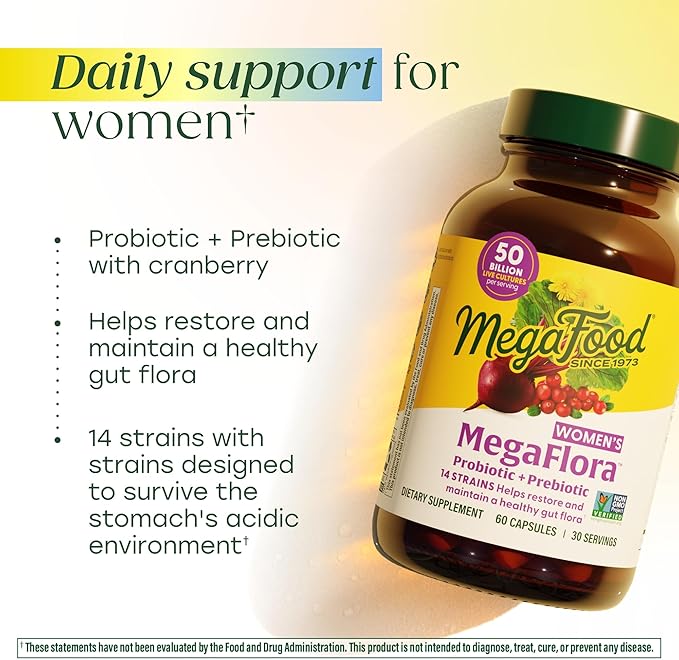 MegaFood MegaFlora Probiotics and Prebiotics for Women with 14 Strains &amp 50 Billion CFUs Cranberry Digestive Health Vegetarian Prebiotics and Probiotics for Women - 90 Capsules (45 Servings)