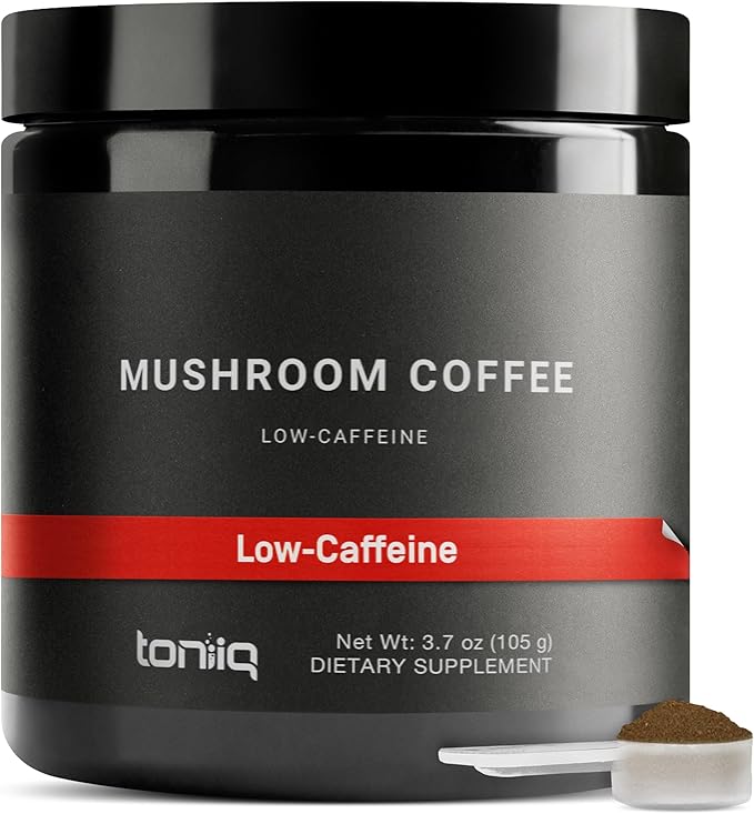 Toniiq Low-Caffeine Mushroom Coffee - Ultra High Potency 10:1 Concentrated Extract - Colombian Sourced Beans with 10 Mushroom Blend Lion's Mane &amp Cordyceps - Functional Coffee Alternative
