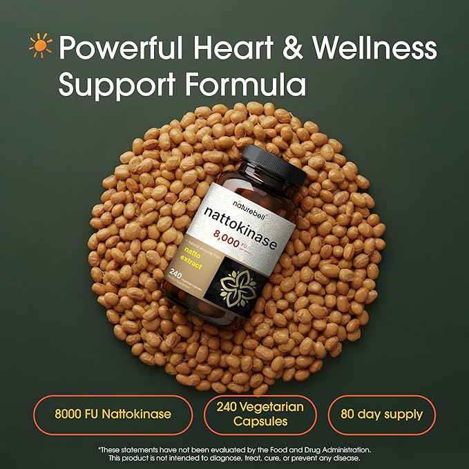 NatureBell Nattokinase - 240 Capsules - 8000 FU Max Strength from Fermented Natto Extract - for Heart Health Healthy Circulation &amp Daily Wellness Support*