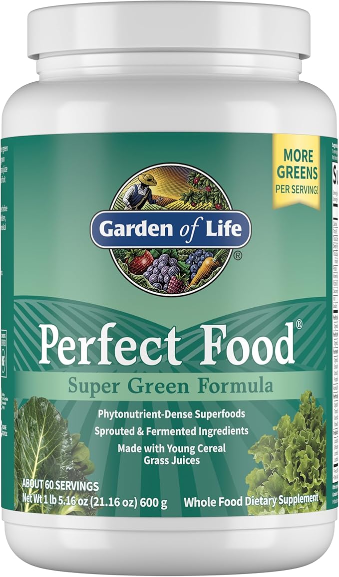 Garden of Life Perfect Food Super Green Formula - 60 Servings 45 Superfoods Greens Fruit &amp Veggie Juice Superfood Powder Supplement Probiotics &amp Organic Spirulina for Digestion &amp Immun
