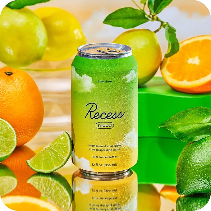 Recess Mood Lime Citrus Functional Sparkling Water Magnesium &amp Adaptogen Infused Sparkling Water 12 Fluid Ounce (Pack of 12)
