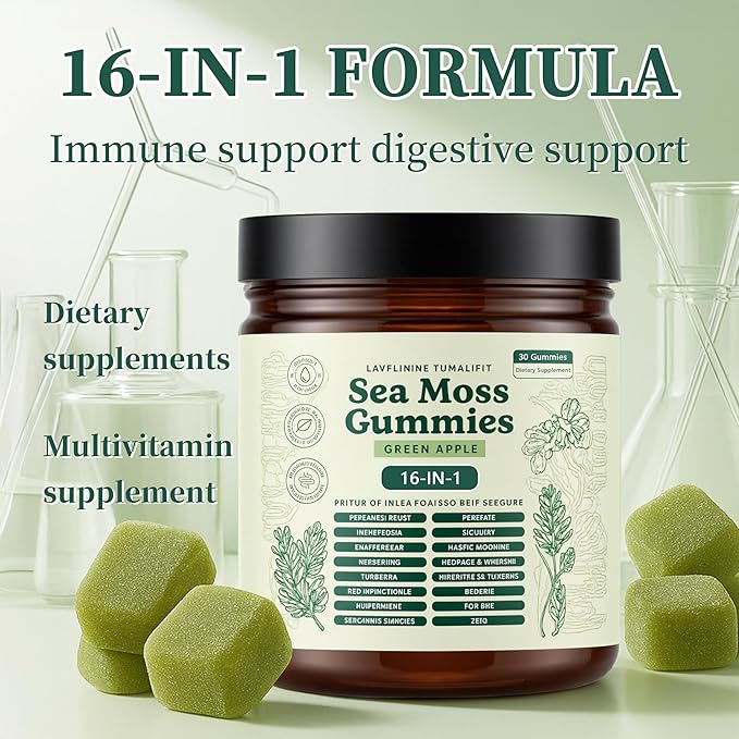 Sea Moss Gummies 16-in-1 Ashwagandha Black Seed Oil Bladder Wrack Turmeric Vitamin C Apple Cider Vinegar Non-GMO (Green Apple)