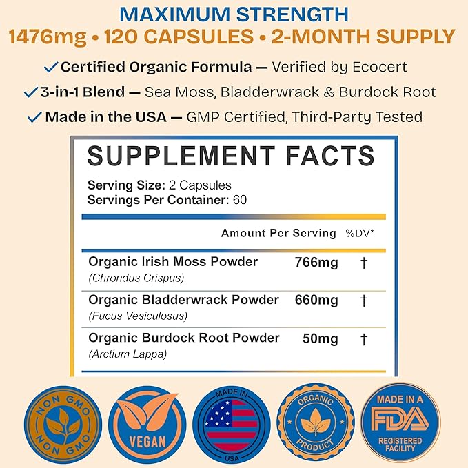 Sea Moss with Real SeaMoss Alternative to Sea Moss Gel and Sea Moss Gummies – 100% Organic - 120 Capsules – Made in The USA – from Pristine Waters of Nova Scotia