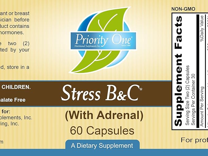 Priority One Vitamins Stress B &amp C 60 Capsules - B Complex with Whole Gland Adrenal to Support Healthy Nerves Skin Eyes gastrointestinal and Brain Functions.*