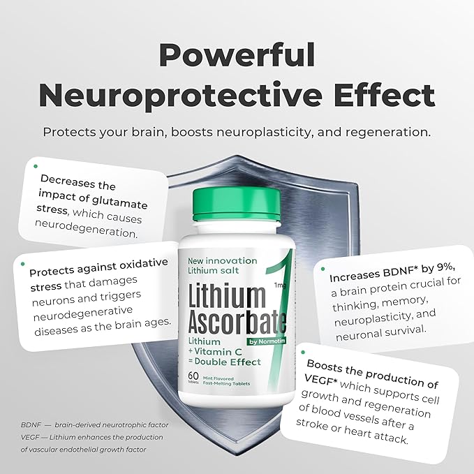 Lithium Ascorbate 1mg with Vitamin C – Brain Supplement for Focus Memory Mood &amp Stress Support – Cognitive Enhancer – 60 Tablets + Bonus Lithium Orotate (120 Tablets)