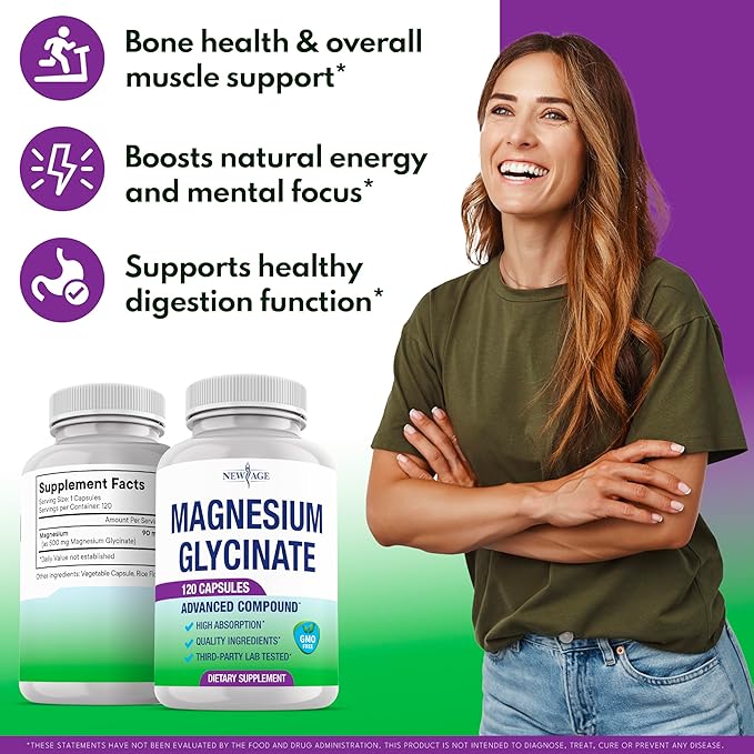 Magnesium Glycinate 500mg | 90mg Elemental Magnesium Supplement- High Absorption Non Buffered Non-GMO &amp No Gluten - Muscle &amp Bone Health - 240 Vegan Capsules