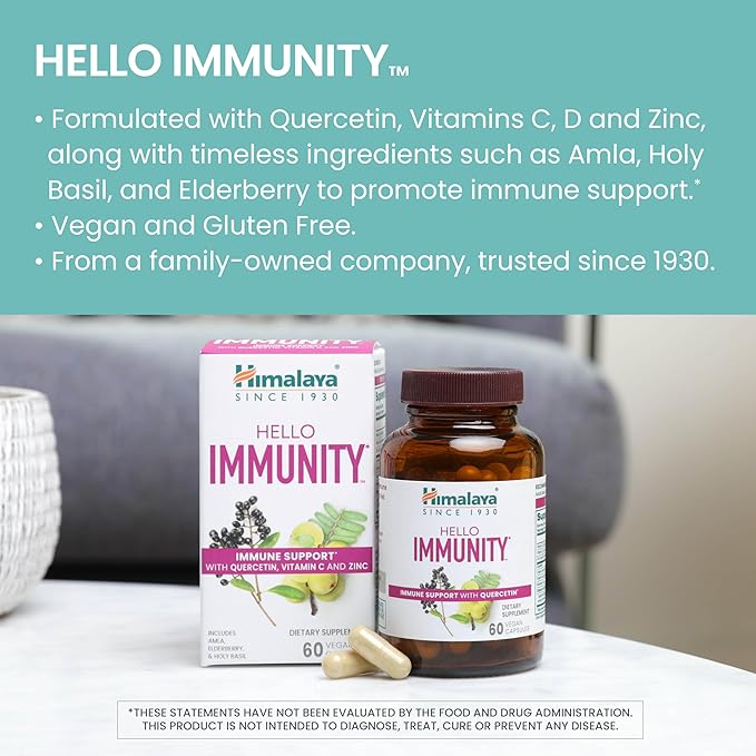 Himalaya Hello Immunity with Quercetin 60 Day Supply - Herbal Immune Support Supplement Bioflavonoid and Antioxidant for Immunity and Daily Wellness - Vegan Non-GMO Gluten Free 500 mg 60 Caplets