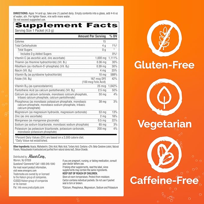 Emergen-C Zero Sugar 1000 mg Vitamin C Powder for Daily Immune Support Caffeine Free Vitamin C Supplements with Zinc and Manganese B Vitamins and Electrolytes Raspberry Lemonade Flavor - 36 Count